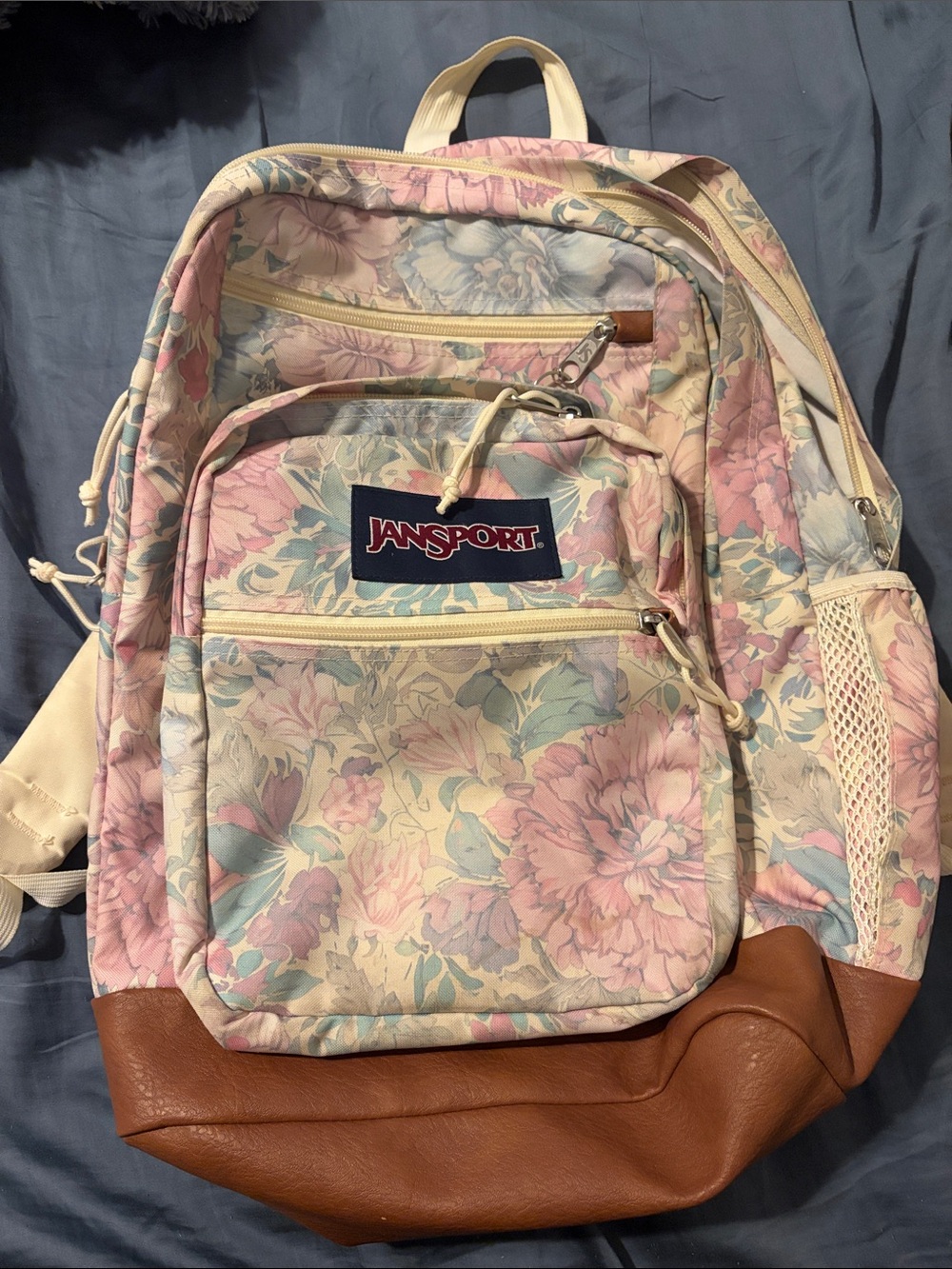 Jansport Pastel Floral Backpack with Brown Faux-Leather Base